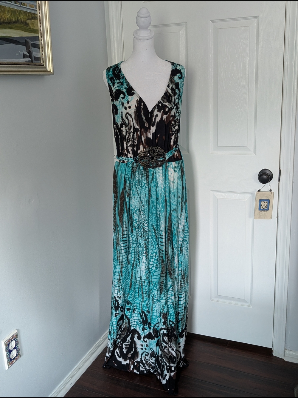 Roz & Ali Turquoise and Brown Printed V-Neck Maxi Dress